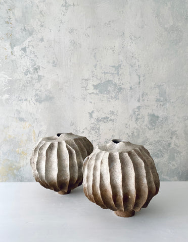 -SOLD- Round Dented Vases White/Brown (Couple)