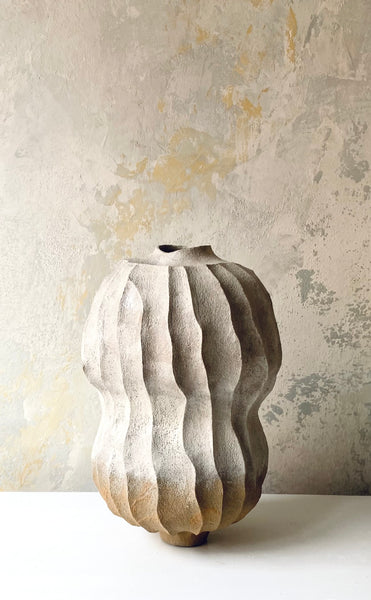 Double Bulb and Round Dented Vases White/Camel (Couple)