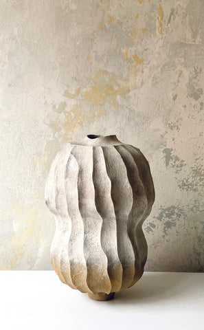 Double Bulb Dented Vase White/Camel